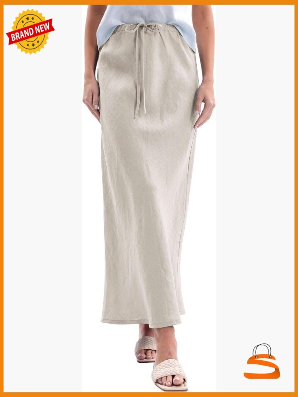 100% Linen A-Line Midi Skirt Drawstring Waist Relaxed Fit
